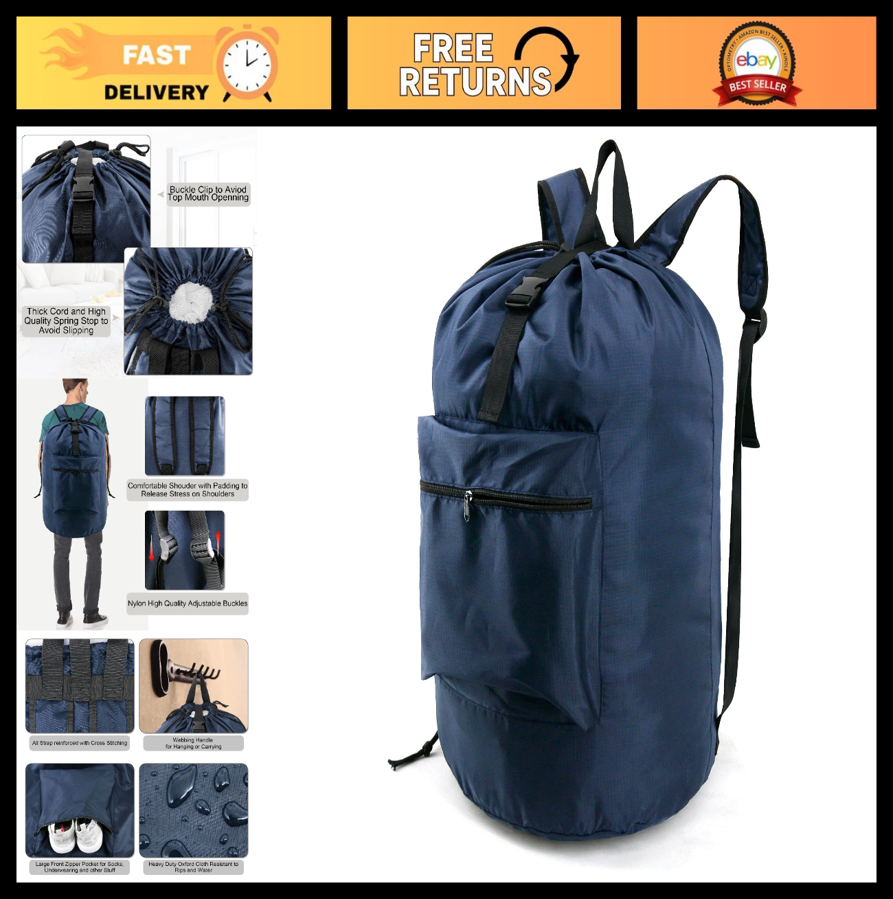 Navy Blue Travel Laundry Bag with Drawstring & Handle - Washable Hamper Sack for0
