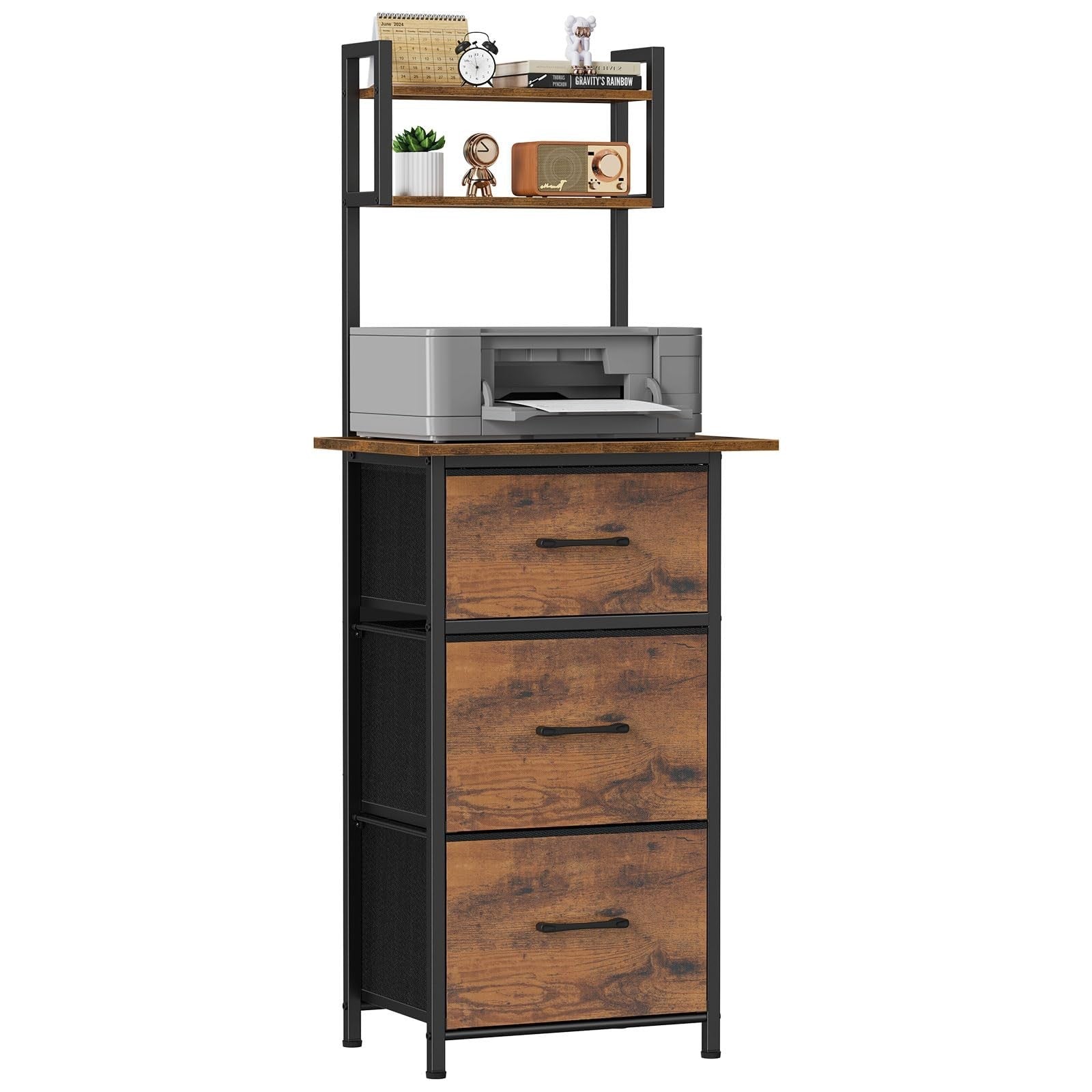 3 Drawer Tall File Cabinet with Extended Desktop, Vertical Filing Storage, Rusti1