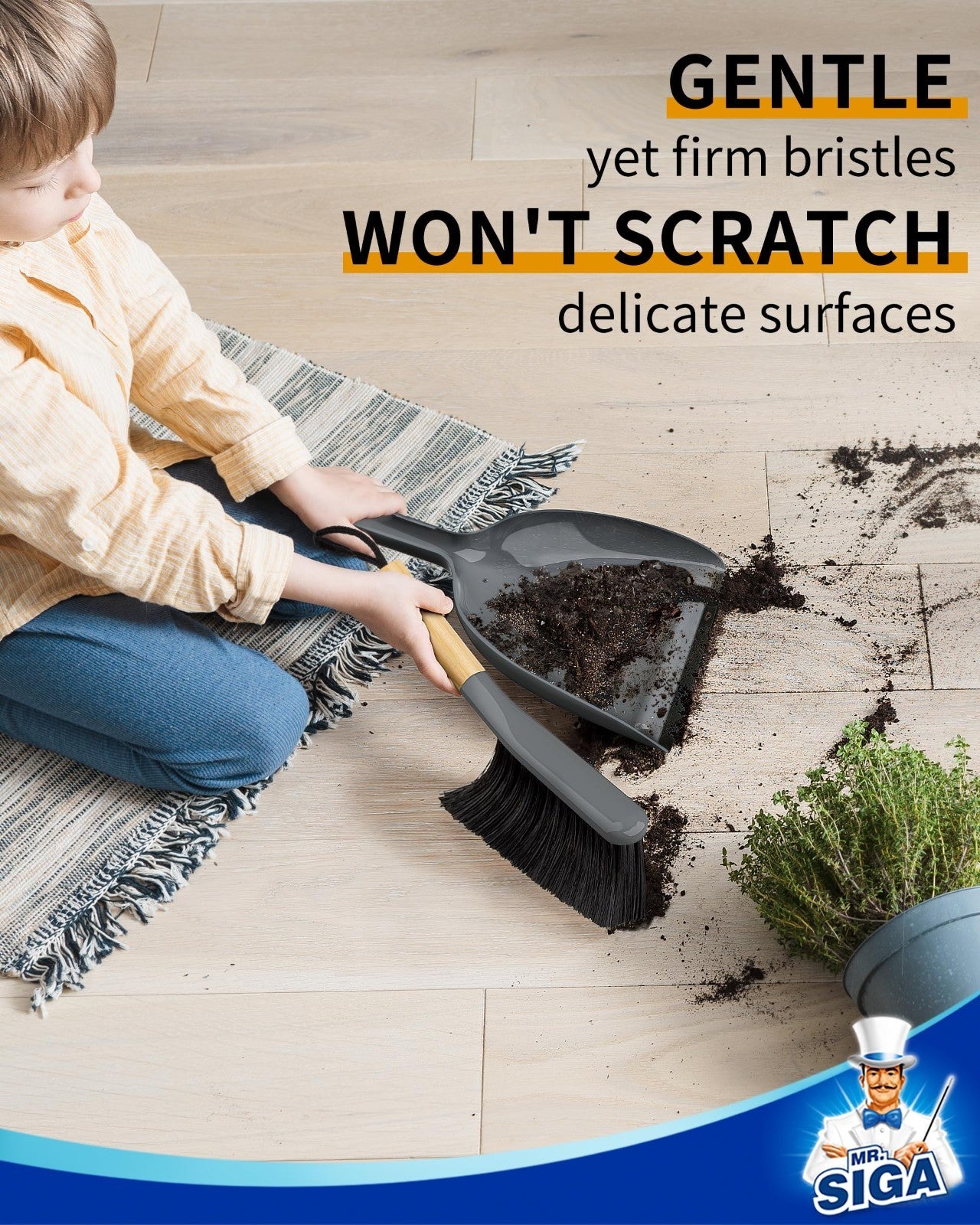 Dustpan and Brush Set with Bamboo Handle, Handheld Broom Combo, Gray, Small Size3