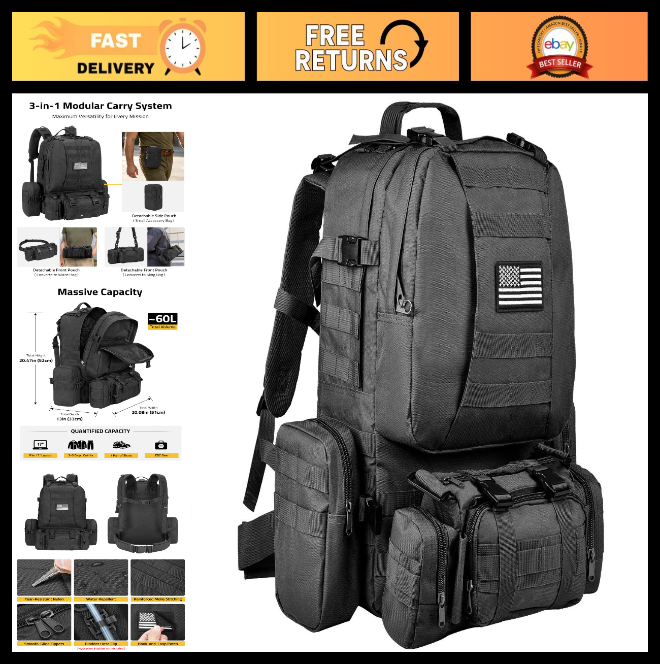 Large 60L Tactical Military Backpack   Assault Rucksack with Detachable Molle Sy0