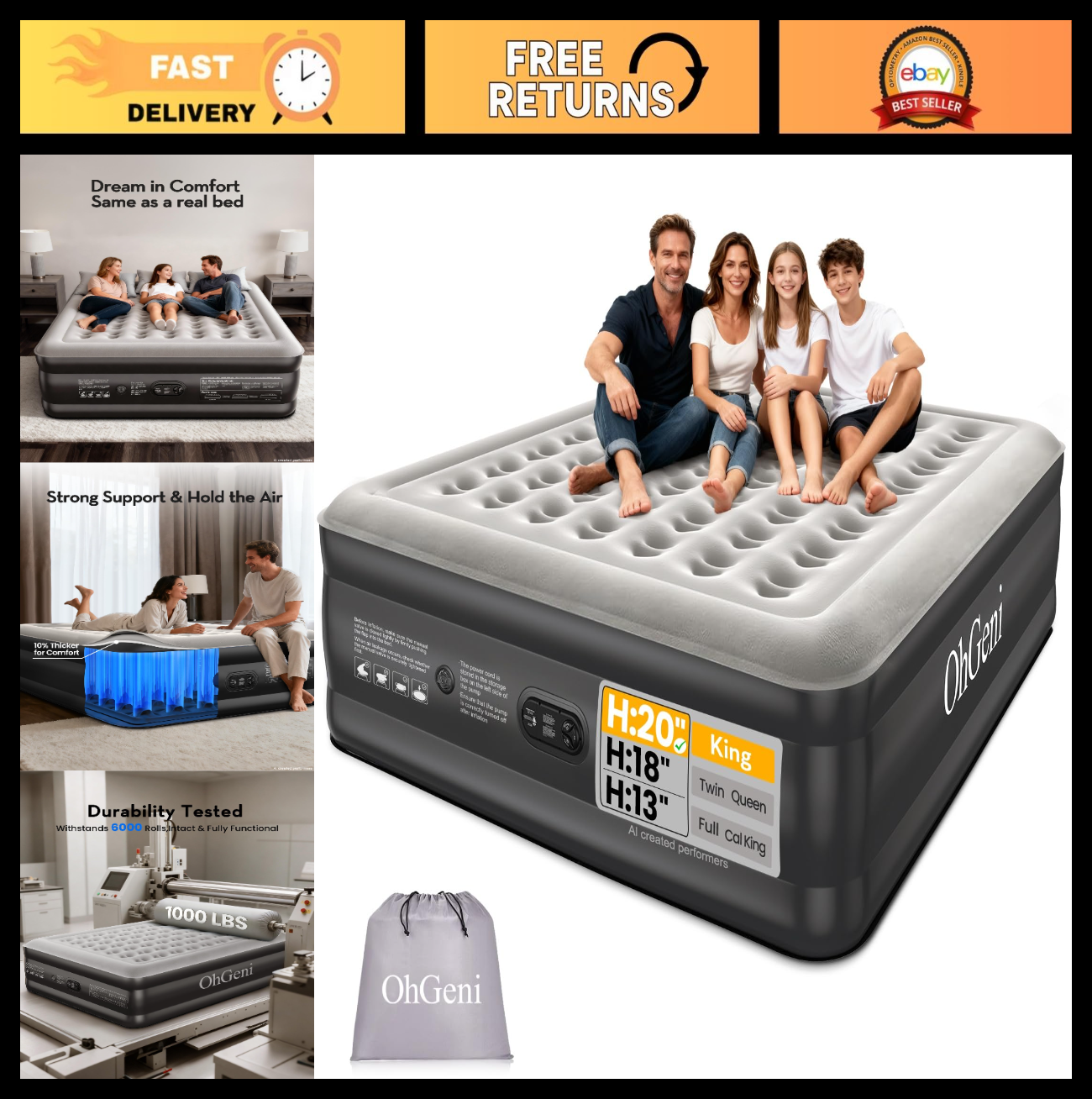 20" Raised King Size Air Mattress with Built in Pump, 1000lb Capacity, Flocked T0