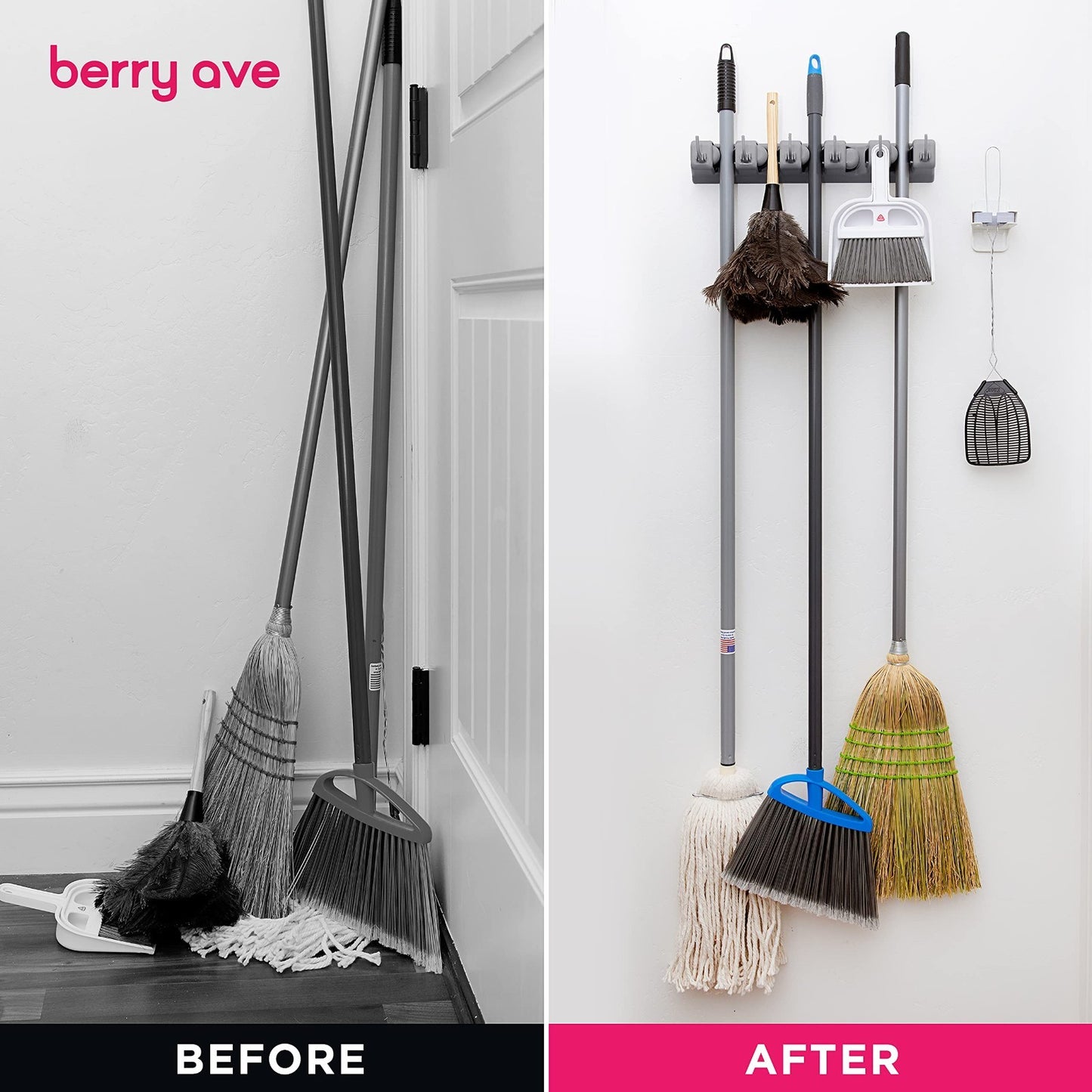 Broom Holder Wall Mount Organizer - 5 Slots & 6 Hooks for Garage, Kitchen, Laund5
