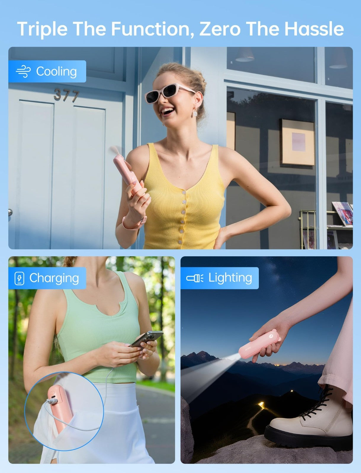 3 in 1 Portable Fan with Power Bank & Flashlight | 19H Cooling, USB Rechargeable2