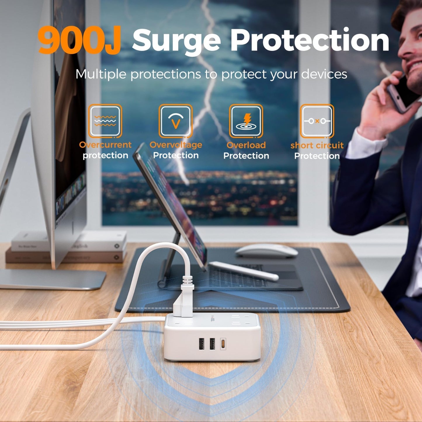 Surge Protector Power Strip 900J Protection, 5 Ft, 6 Outlets, Grey Color3