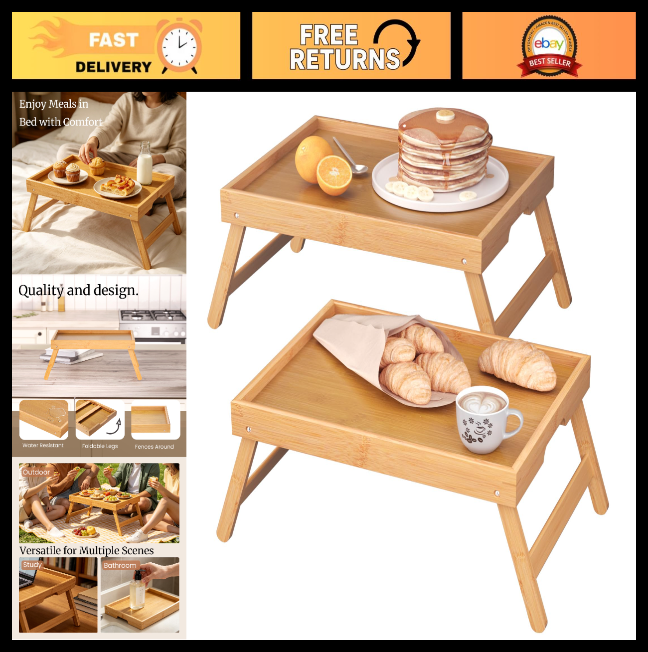 2 Pack Bamboo Folding Bed Tray Tables - Breakfast & Snack Serving Trays, Laptop0