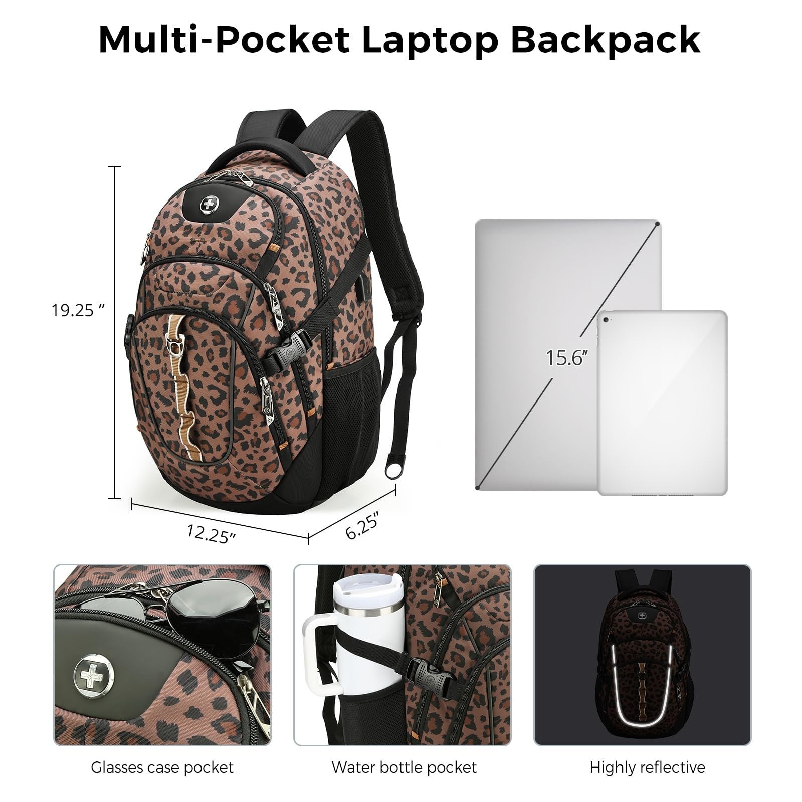 Stylish Brown Leopard Laptop Backpack, Water Resistant, Multi Compartment Design2