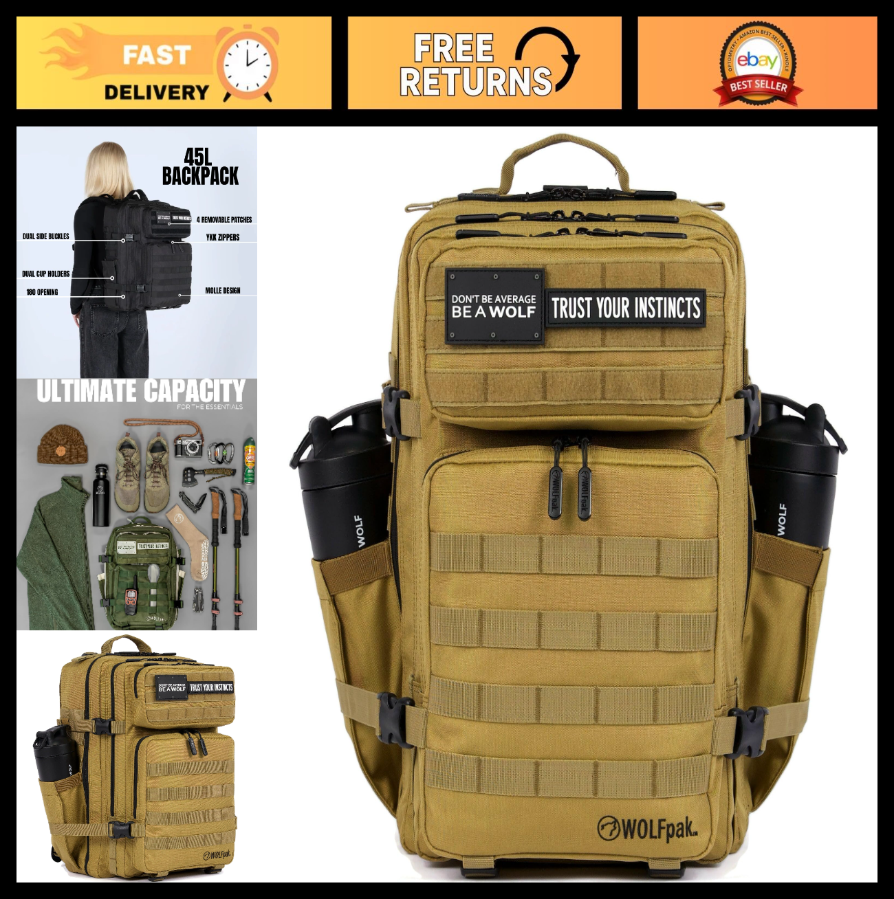 Durable 45L Waterproof Gym Backpack   MOLLE Webbing, Laptop Pocket, 1000D Oxford0