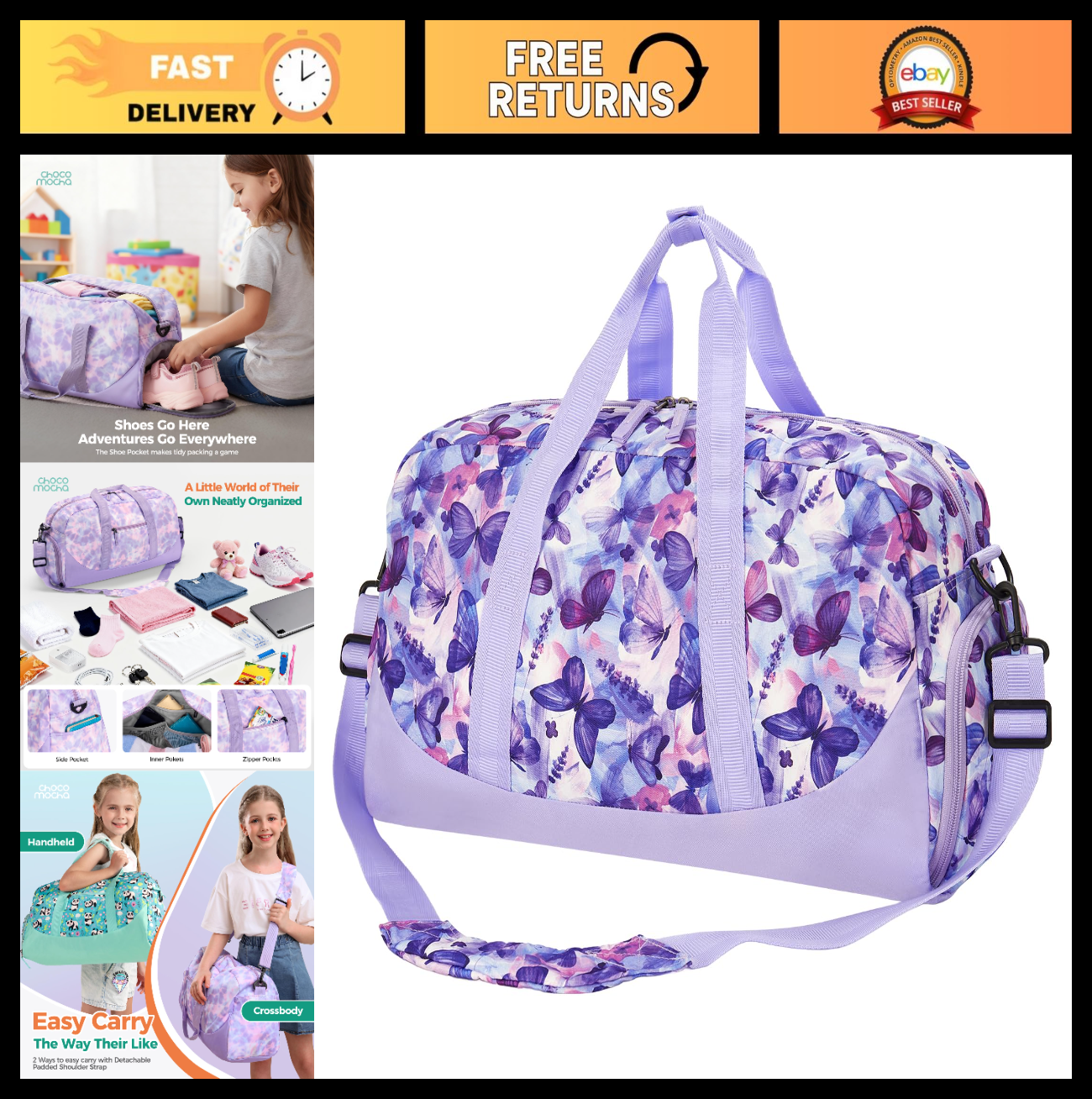 Girls Butterfly Duffle Bag - Large Overnight Travel Bag with Shoes Compartment,0