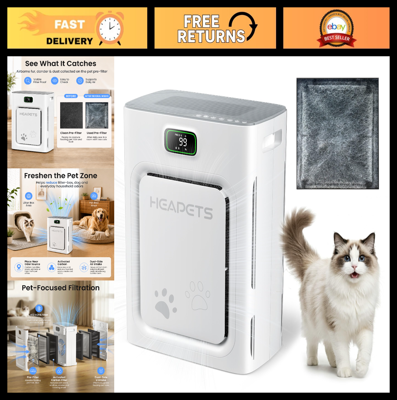 Pet Air Purifier for Large Rooms 2500 Sq Ft, H13 HEPA Filter, Washable Pre-filte0