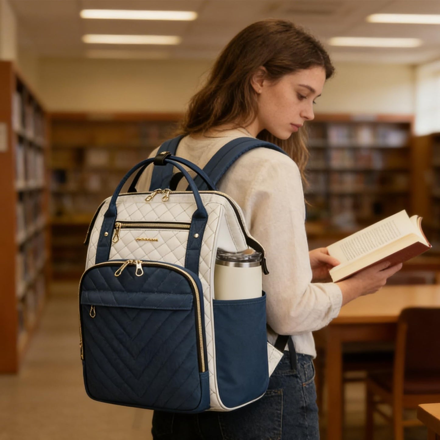Stylish 17" Water-Repellent Laptop Backpack for College, Travel & Work - Beige/B2