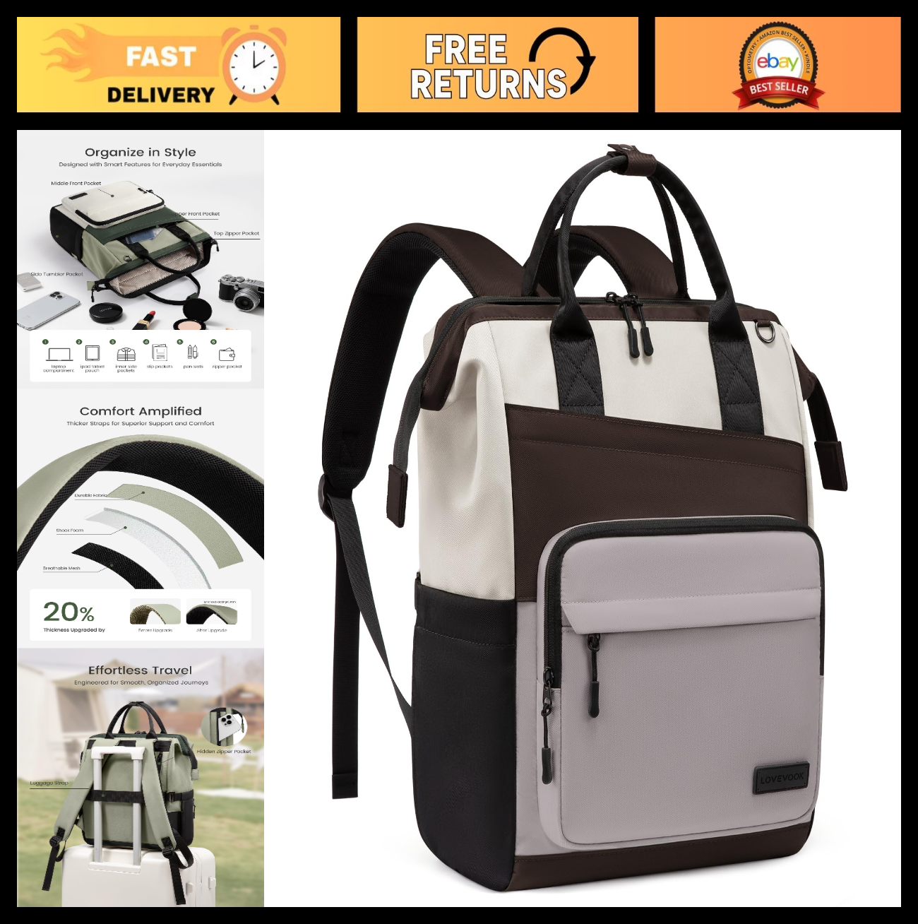 Stylish 15.6" Laptop Backpack for Women   Water Resistant Travel Bag, Large Capa0