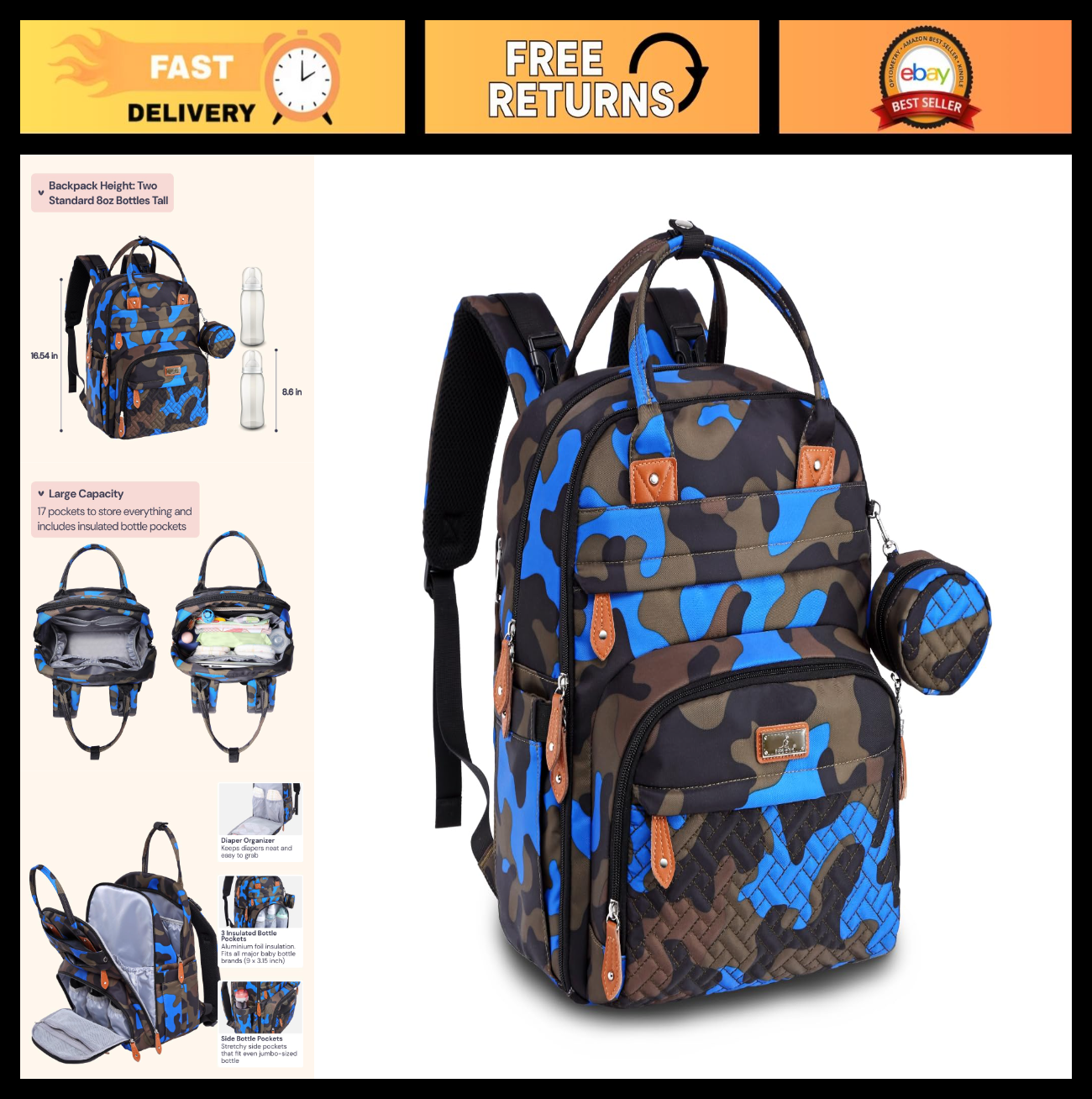 Multi Function Water Resistant Diaper Bag Backpack   Baby Travel Tote, Changing0