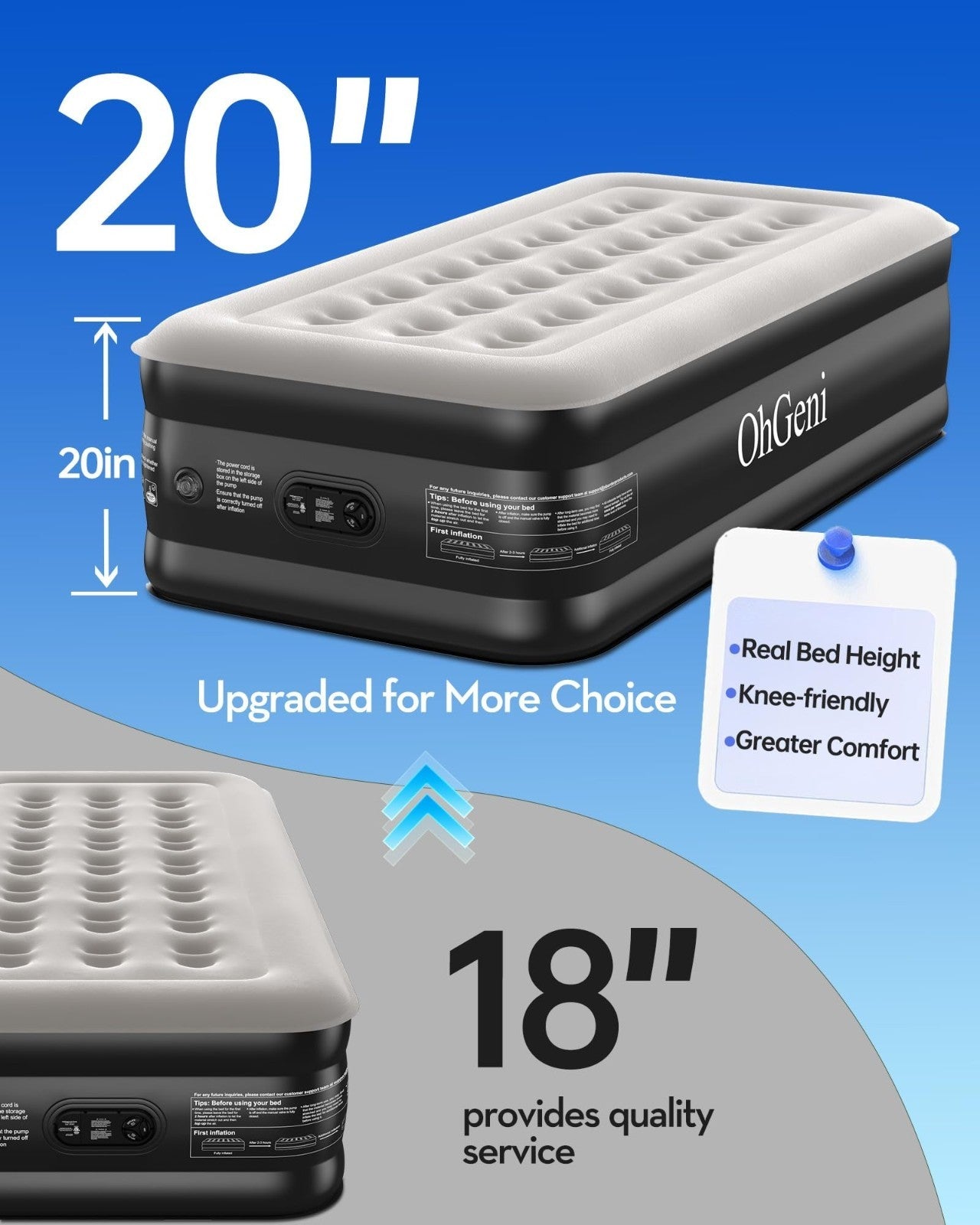 20" Raised Twin Air Mattress with Built in Pump, Inflatable Bed, 500lb Capacity,2