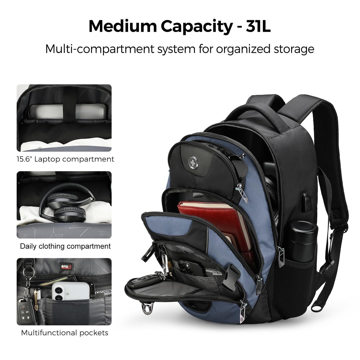 Stylish Travel Laptop Backpack with USB Charging Port, Fits 15.6" Computer, 31L2