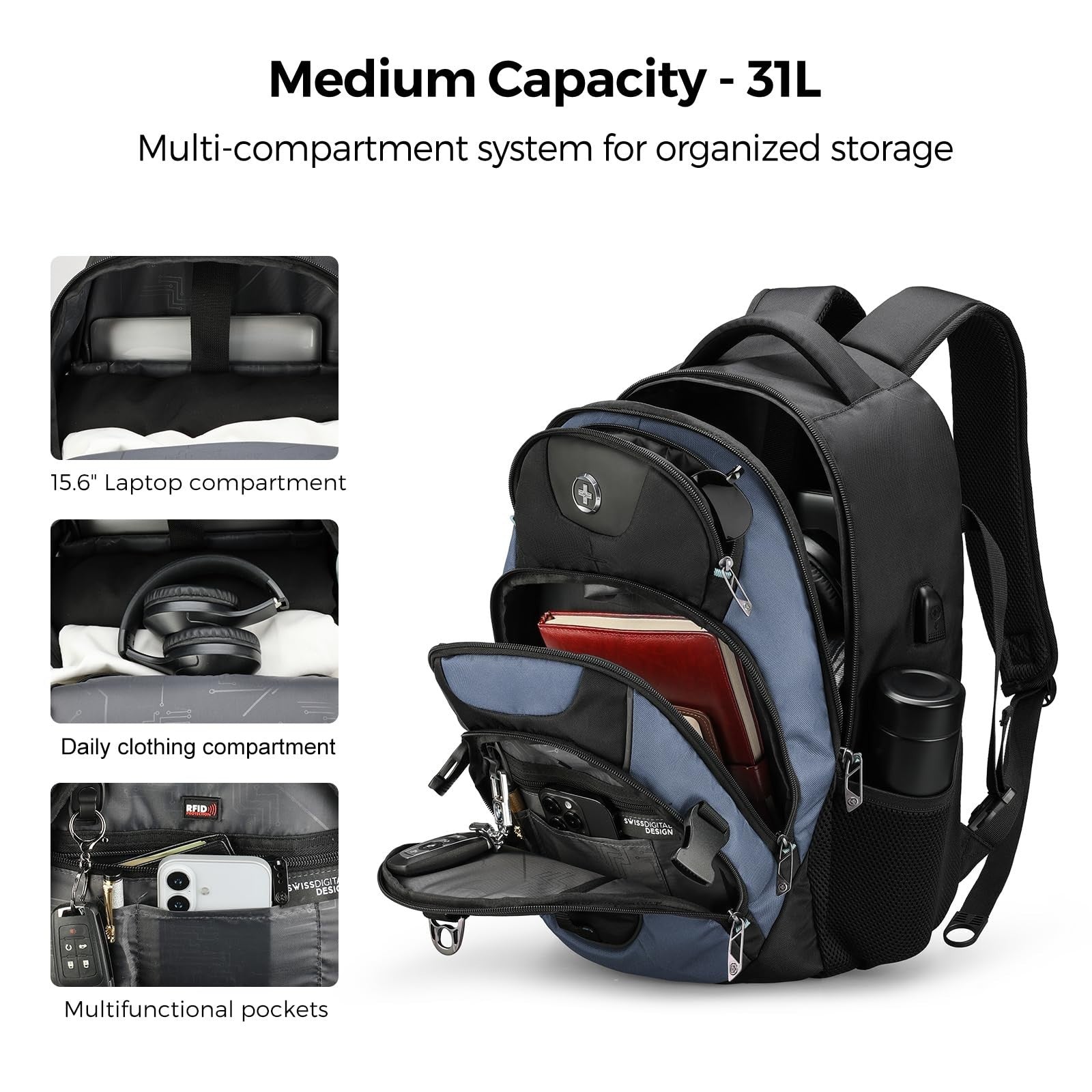 Stylish Travel Laptop Backpack with USB Charging Port, Fits 15.6" Computer, 31L2