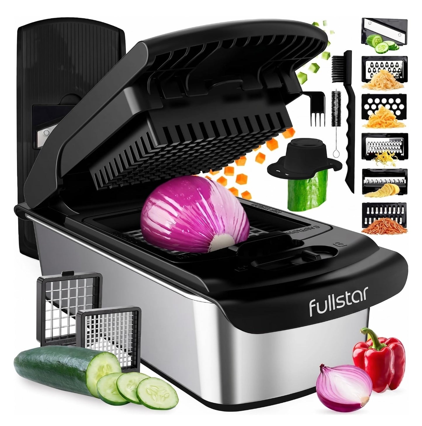8 in 1 Vegetable Chopper & Mandoline Slicer | Sharp Stainless Steel Blades, Onio0