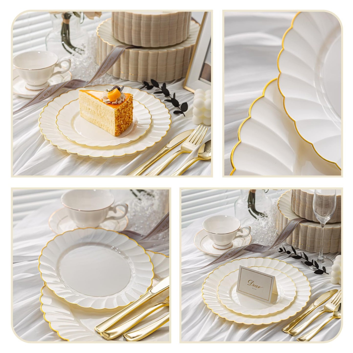 120PCS Heavyweight Ivory Scalloped Disposable Plates with Gold Rim | 60 Dinner &7