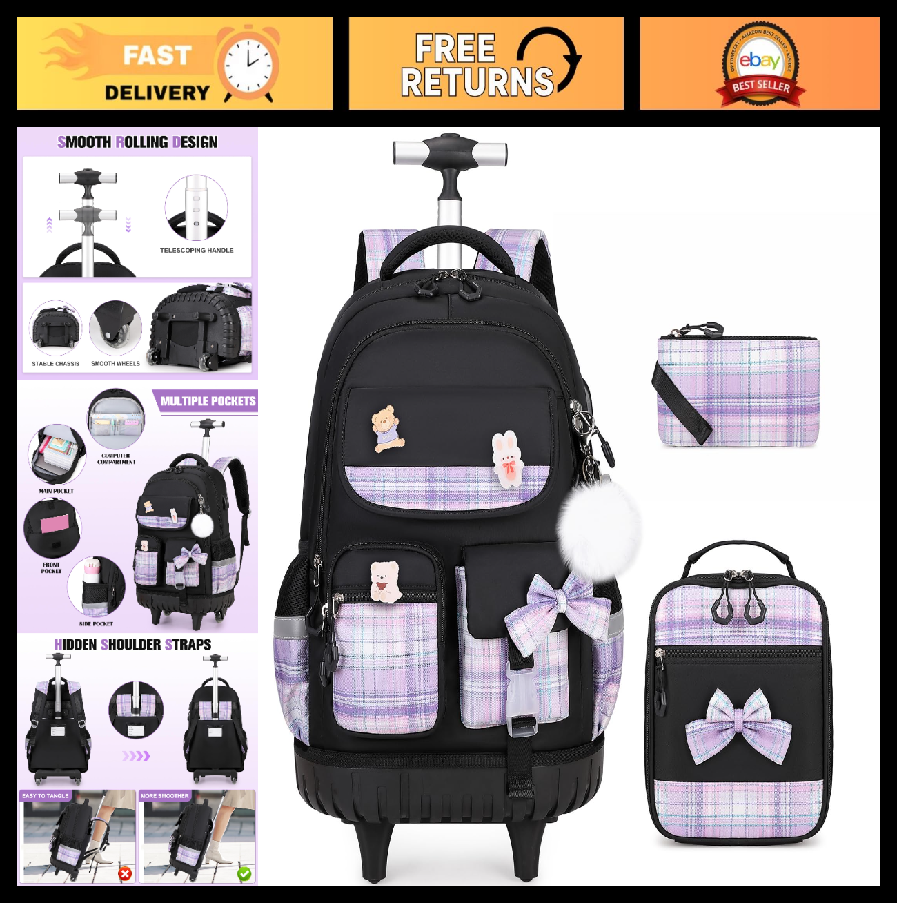 Rolling Backpack for Girls   Wheeled School Bag with Lunch Bag & Pencil Pouch, B0