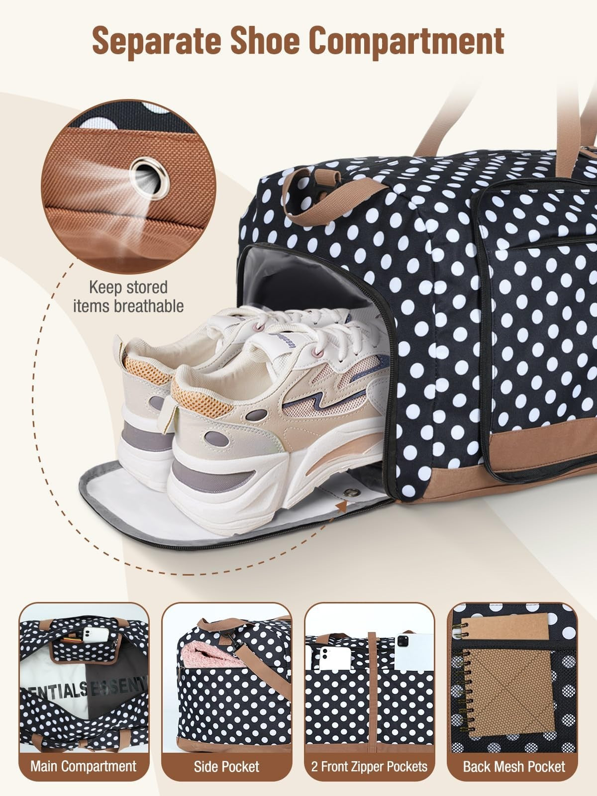 80L Foldable Travel Duffel Bag for Women - Large Weekend Carry-On with Shoe Comp3