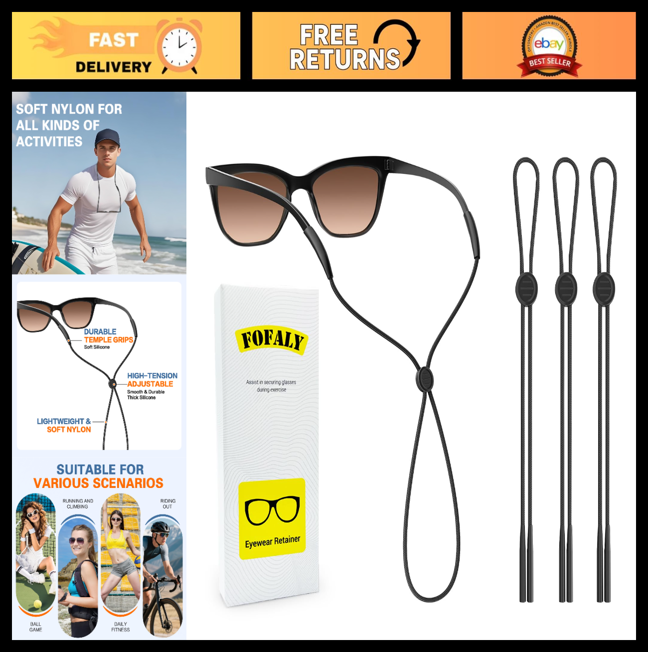 Adjustable Eyewear Strap 3Pcs, Sunglasses Holder & Eyeglass Retainer for Sports0