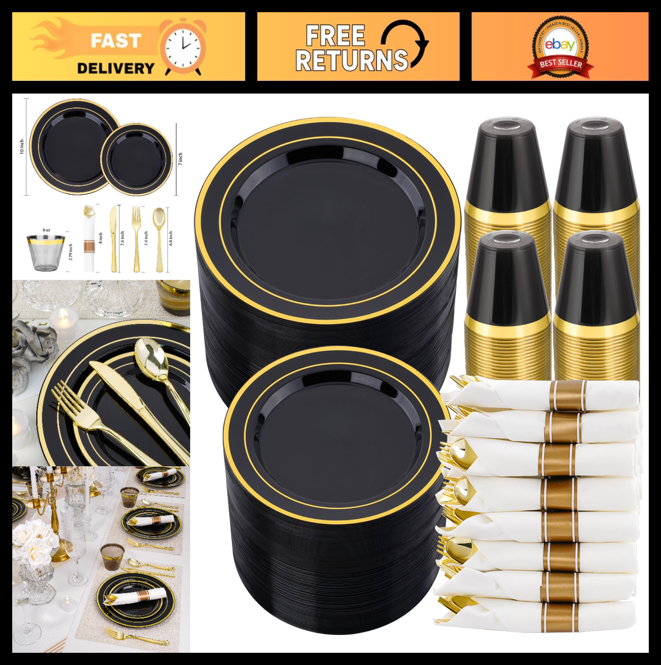 350 PCS Black Plastic Dinnerware Set for 50 Guests - Disposable Plates, Napkins0