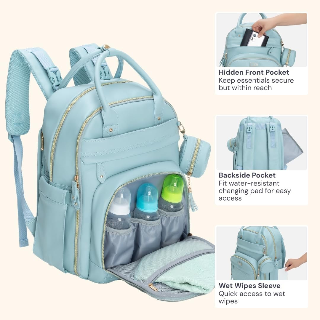 Multi Function Leather Diaper Bag Backpack   Water Resistant, Changing Pad, Stro6