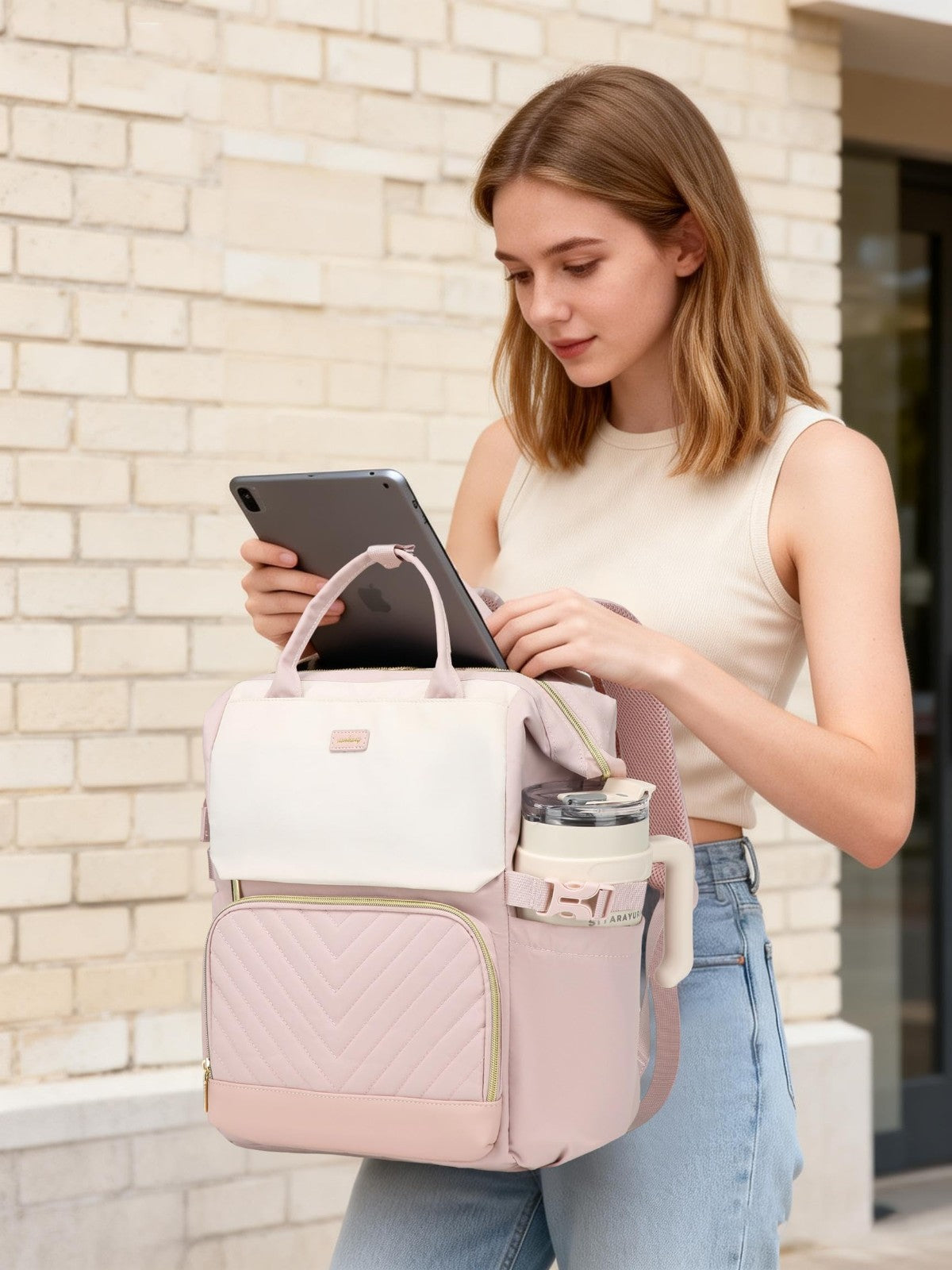 Stylish Laptop Backpack for Women   USB Charging, Cup Holder, Travel Bag, Beige1