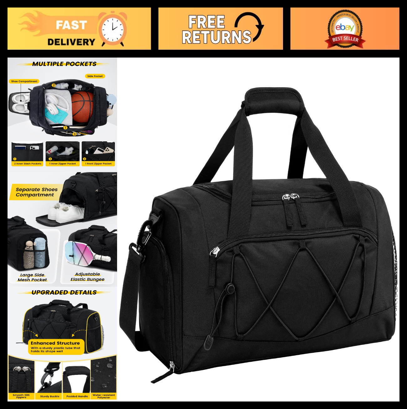 18" Structured Gym Bag with Shoe Compartment, Waterproof Sports Tote, Black0