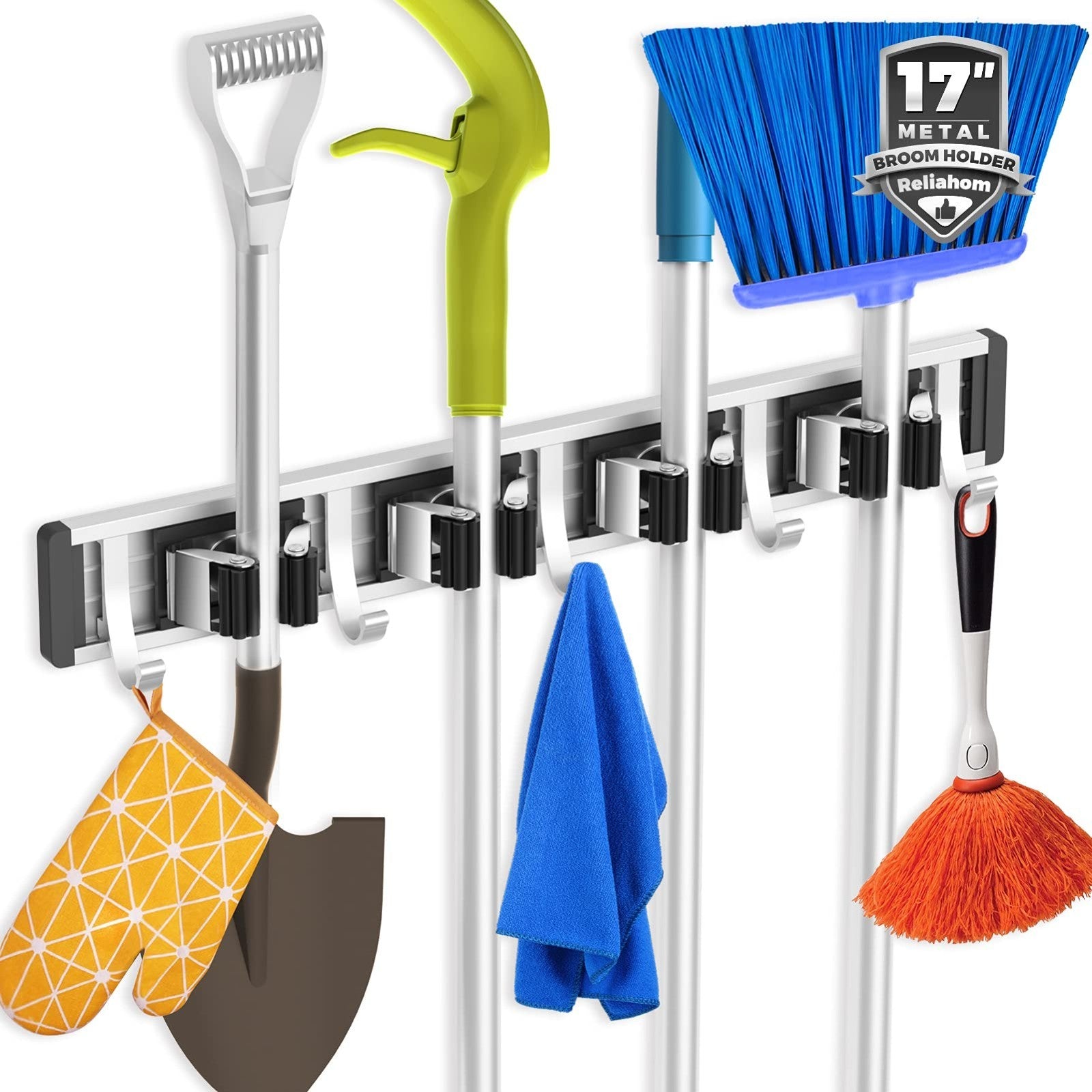 Wall Mount Broom Holder & Mop Hanger Organizer - 4 Racks & 5 Hooks Storage Solut1