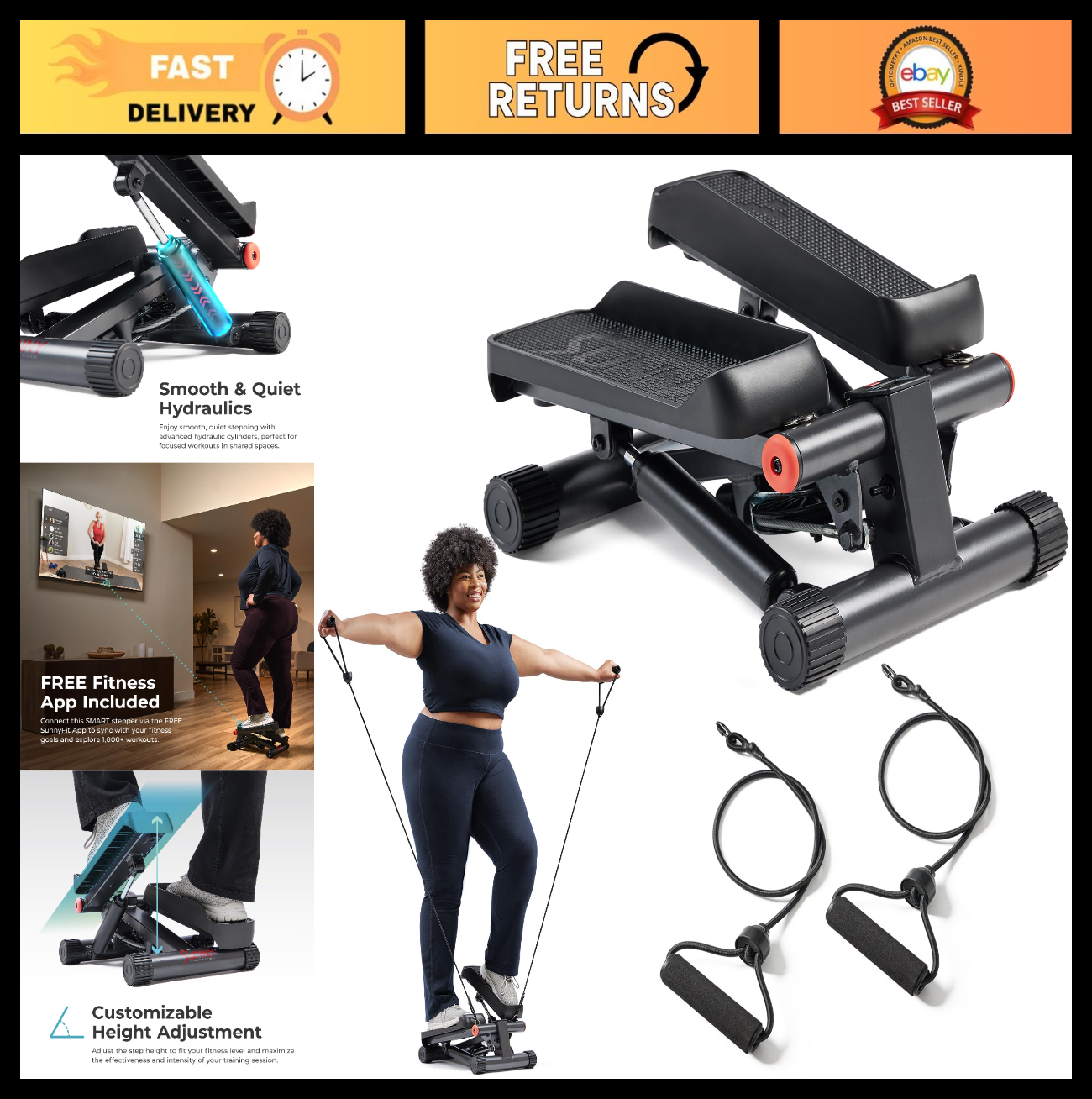Mini Stair Stepper with Resistance Bands for Home Gym | Full Body Cardio, Adjust0