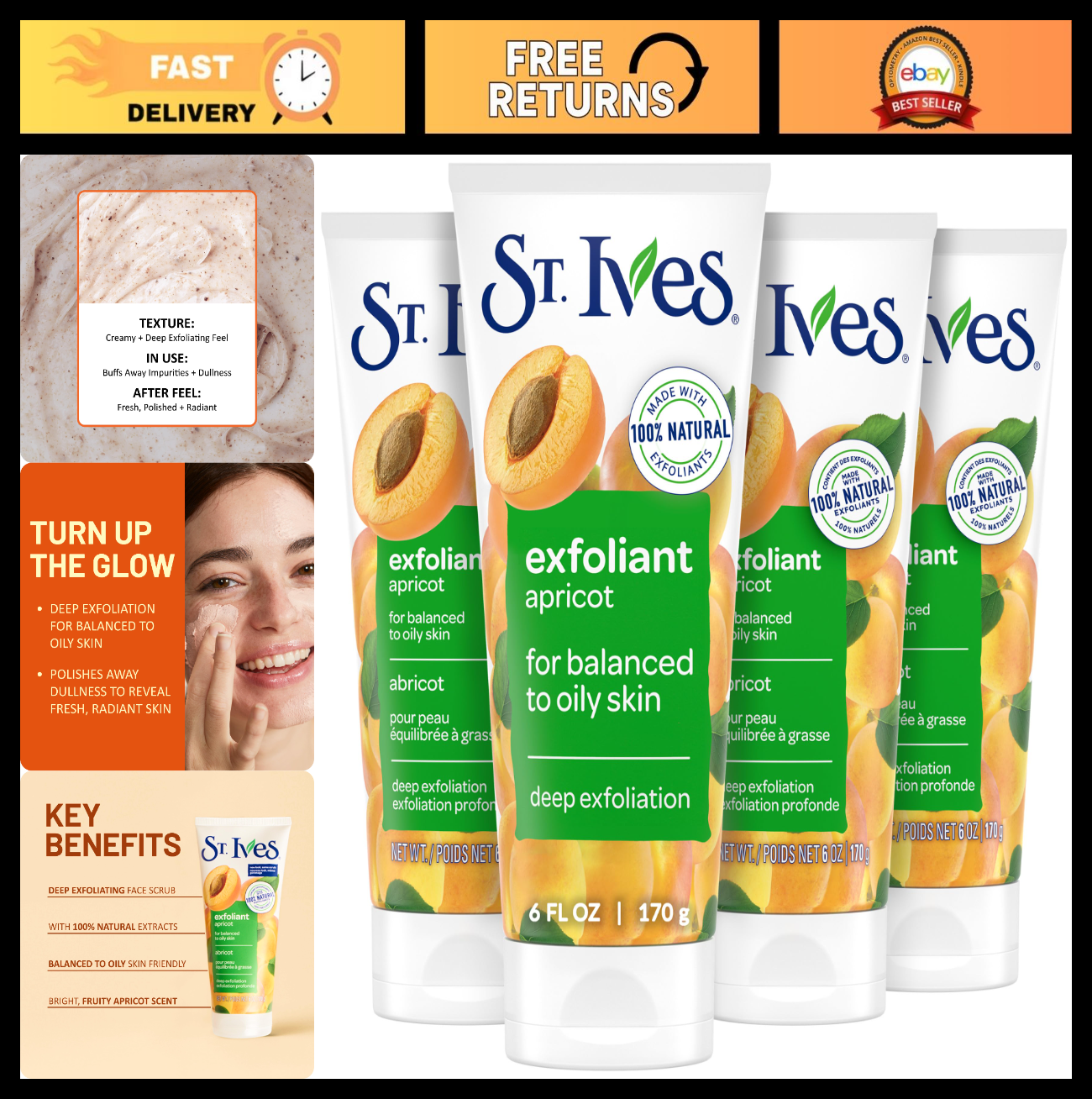 Fresh Skin Apricot Face Scrub - Deep Exfoliator, Oil-Free, 100% Natural, 6 oz, 40