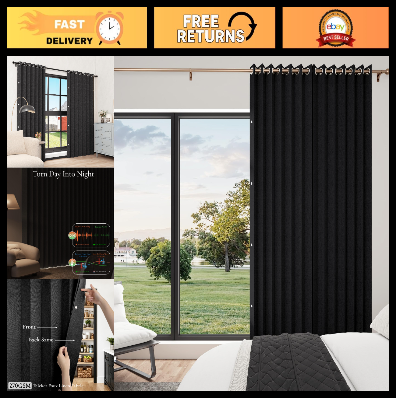 100% Blackout Pleated Curtains with Magnetic Closure, Pinch Pleat, W45 x L84, Bl0