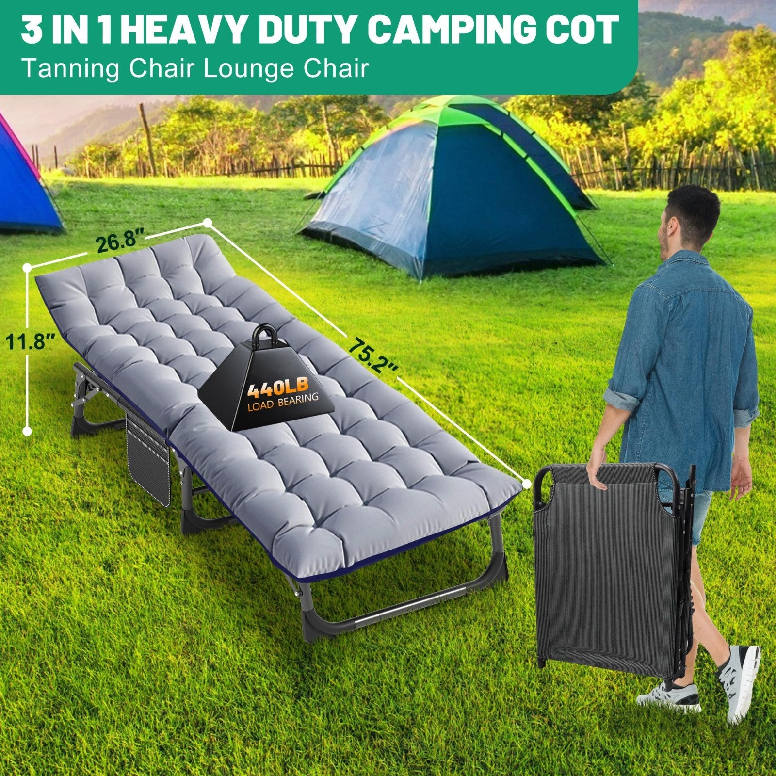 Folding Camping Cot for Adults   5 Position Adjustable Backrest & Padded Cushion5