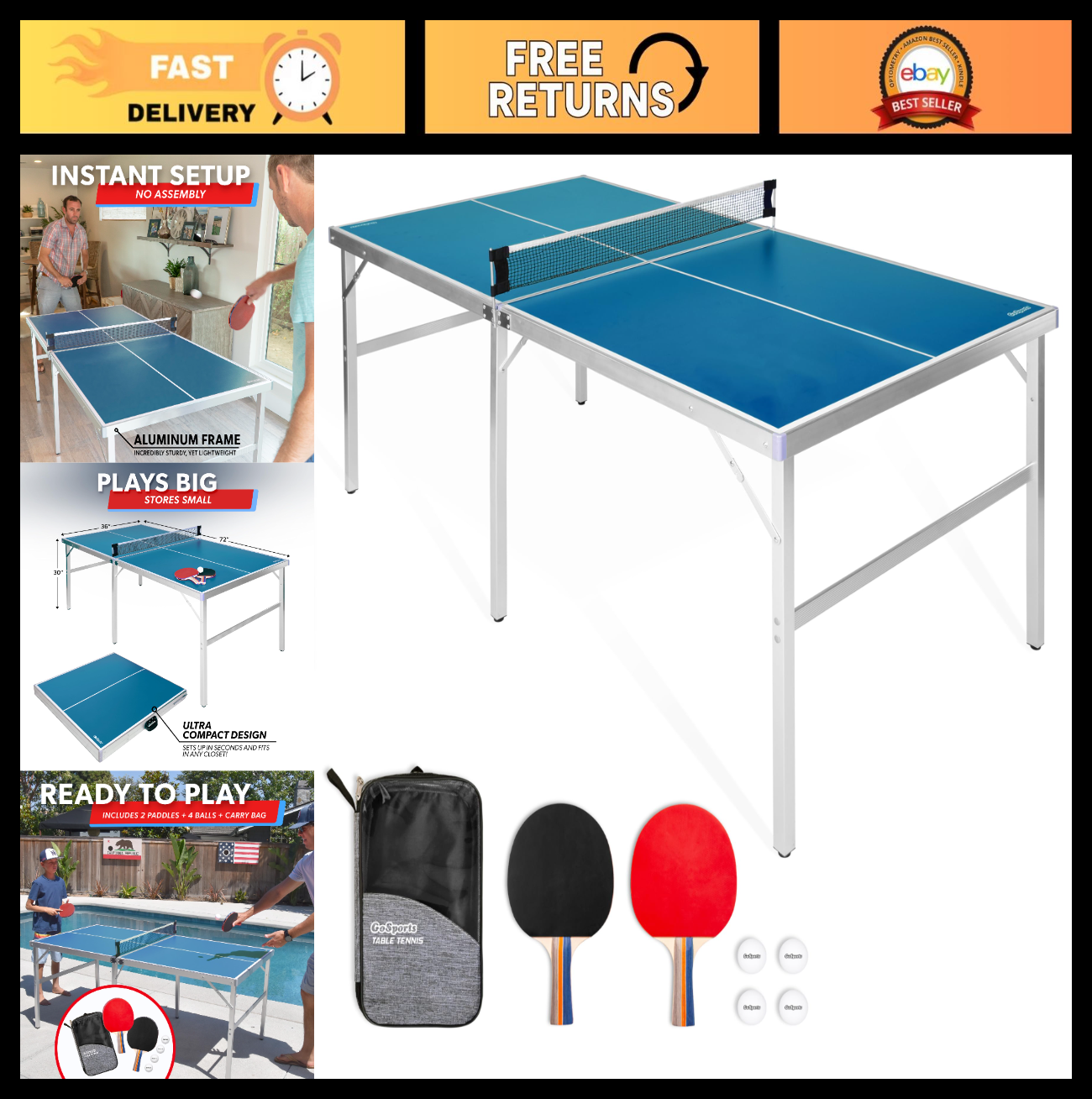 Portable Indoor/Outdoor Table Tennis Set - 2 Paddles, 4 Balls, Net - Red/Blue0