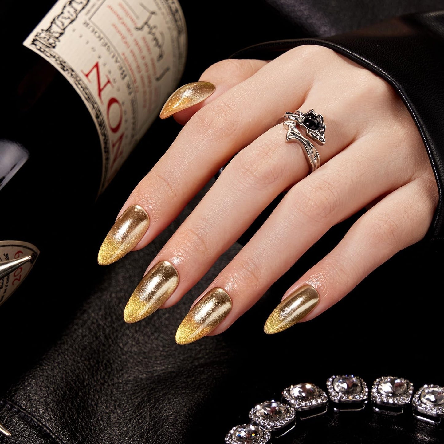 Medium Almond Press on Nails - Metallic Golden Ombre Cat Eye, Reusable 32-Piece1