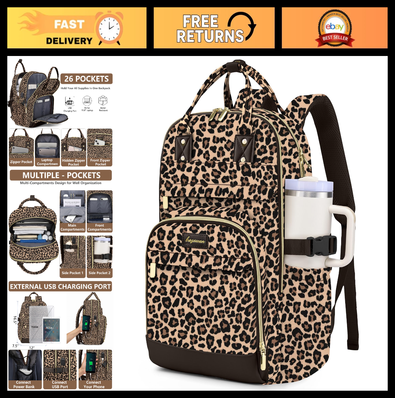 Stylish Laptop Backpack for Women   15.6" College Bookbag with Large Tumbler Poc0
