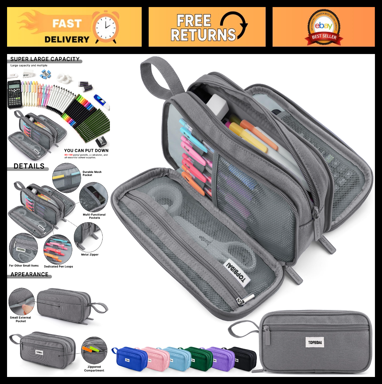 Large Pencil Case Pouch for Kids & Adults   Stylish Organizer for School & Offic0