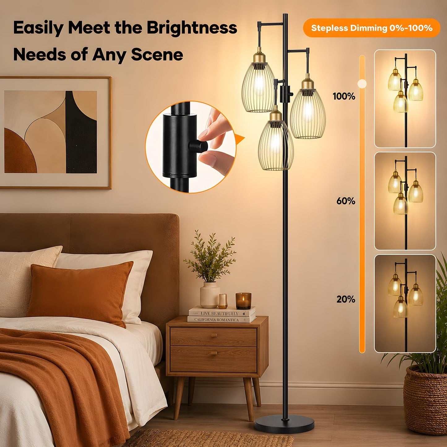 Dimmable Floor Lamp with 3 LED Bulbs, Industrial Tree Design, Tall Standing Ligh2