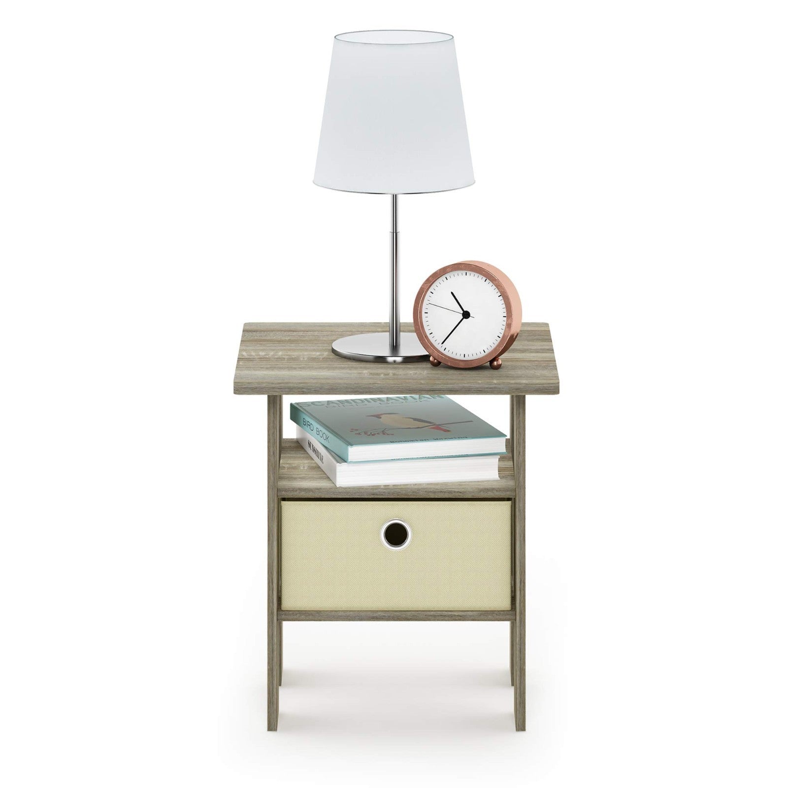 Modern Side Table with Open Shelves & Storage Bin - Nightstand for Living Room/B1