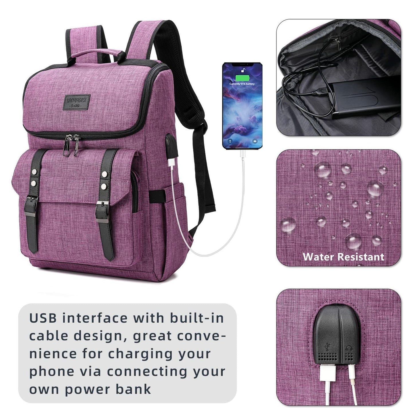 Vintage Laptop Backpack for Travel & College, USB Charging Port, Fits 15.6" - Pu2