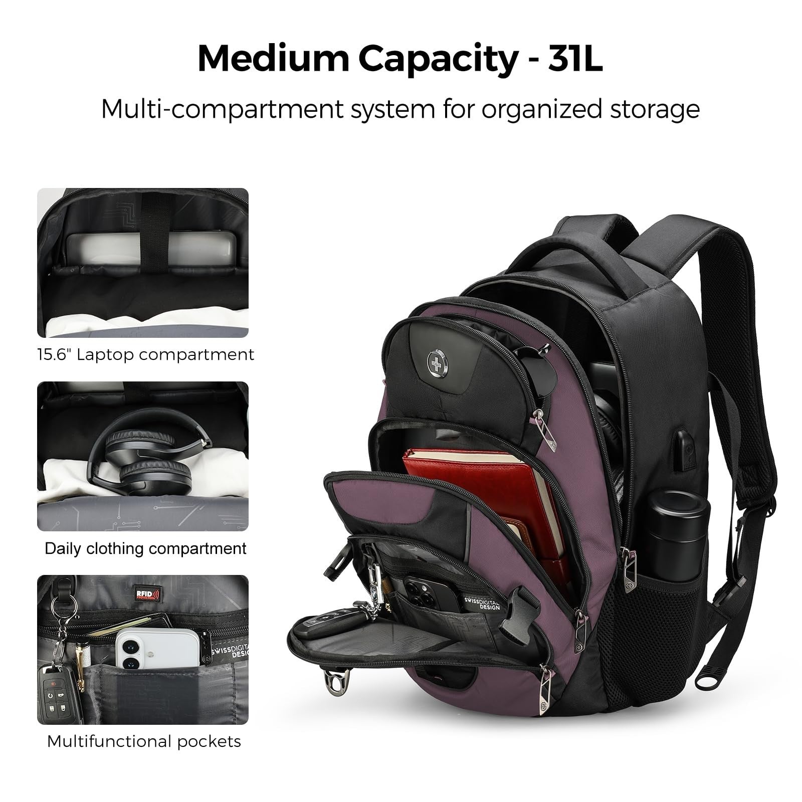 Stylish 15.6" Laptop Backpack with USB Charging Port, 31L Travel Bag for College4