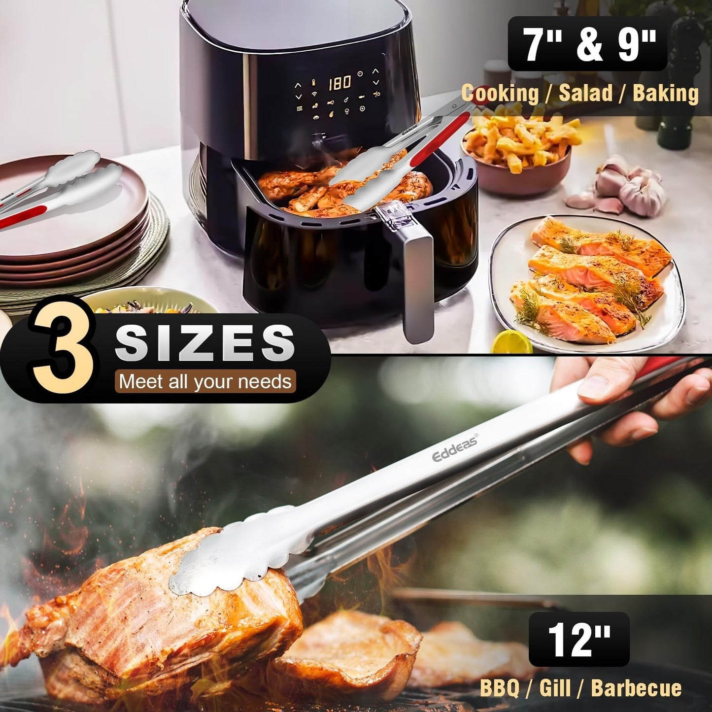 Heat Resistant Stainless Steel Cooking Tongs Set   7", 9", 12" Heavy Duty BBQ To5