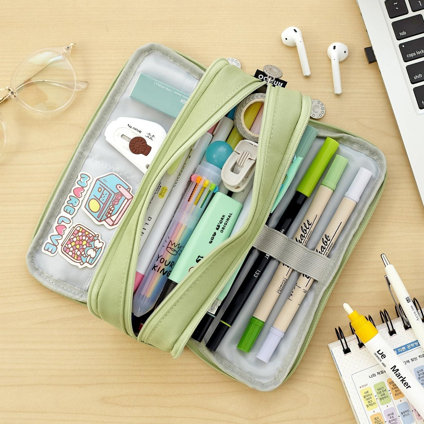 Large Capacity 3 Compartment Pencil Case Pouch for School, Teens & Adults   Gree2