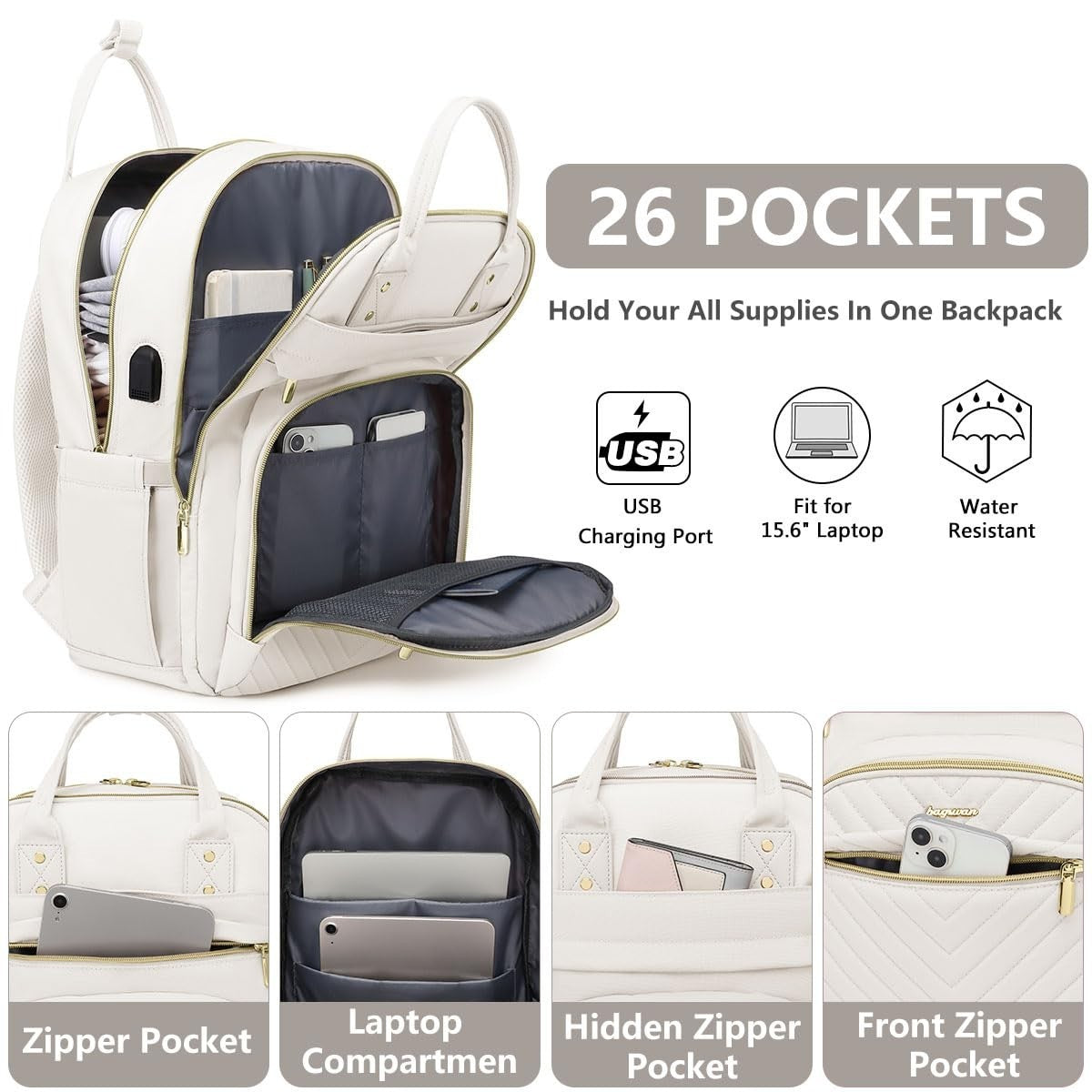 Stylish 15.6" Laptop Backpack for Women   Waterproof Travel Bag with USB Charger2