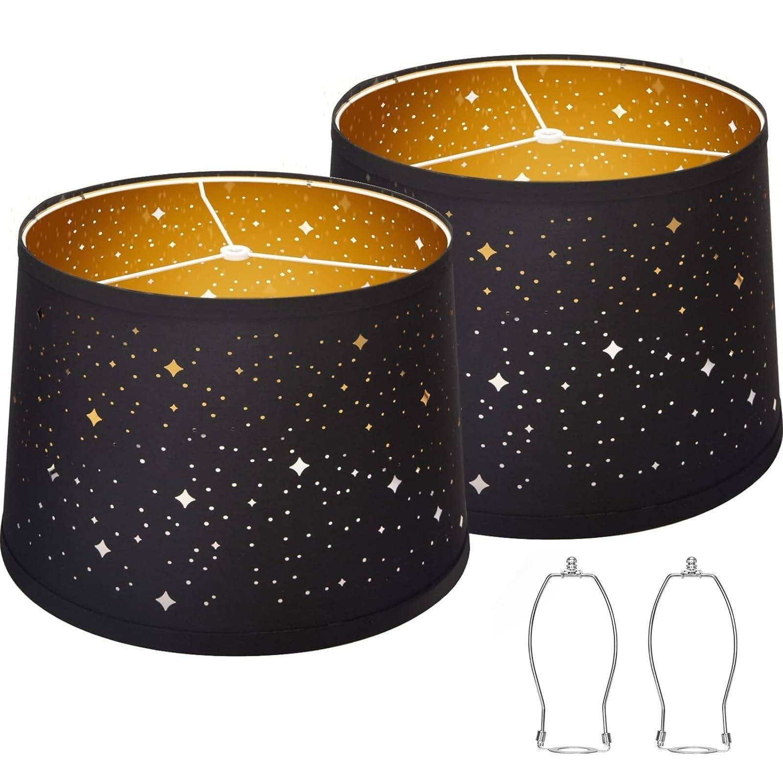 Set of 2 Black Drum Lampshades with Sky Stars Design | 11.6" x 12.6" x 9.8" | Fa1
