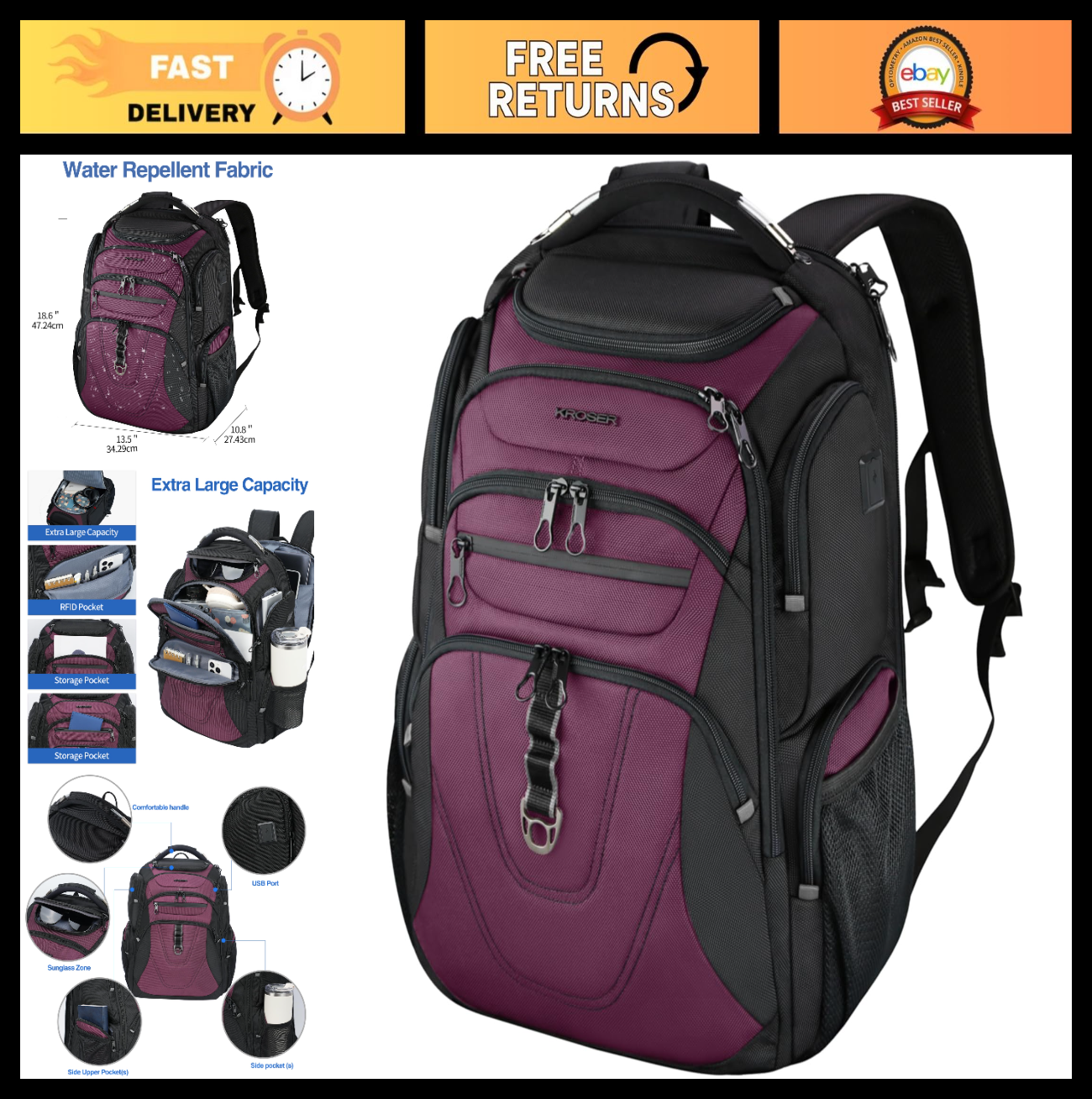 17.3 Inch Travel Laptop Backpack   XL Computer Bag for Men & Women, Durable & St0