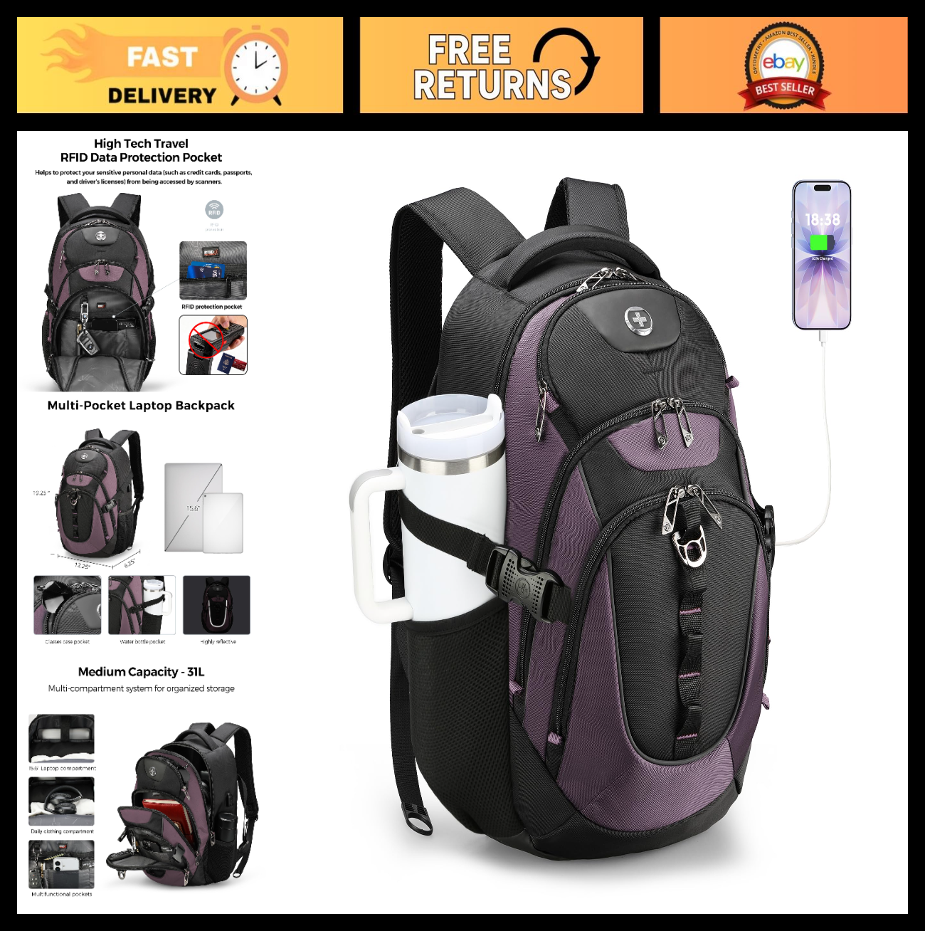 Stylish 15.6" Laptop Backpack with USB Charging Port, 31L Travel Bag for College0