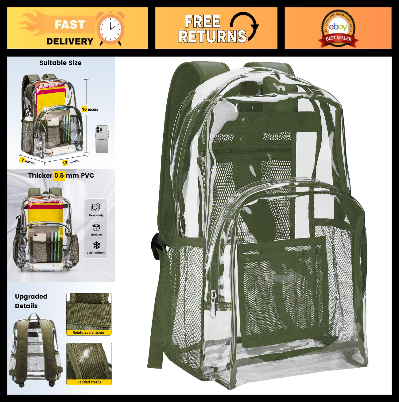 Heavy Duty Clear PVC Backpack - Transparent, Large Capacity, Reinforced Straps f0