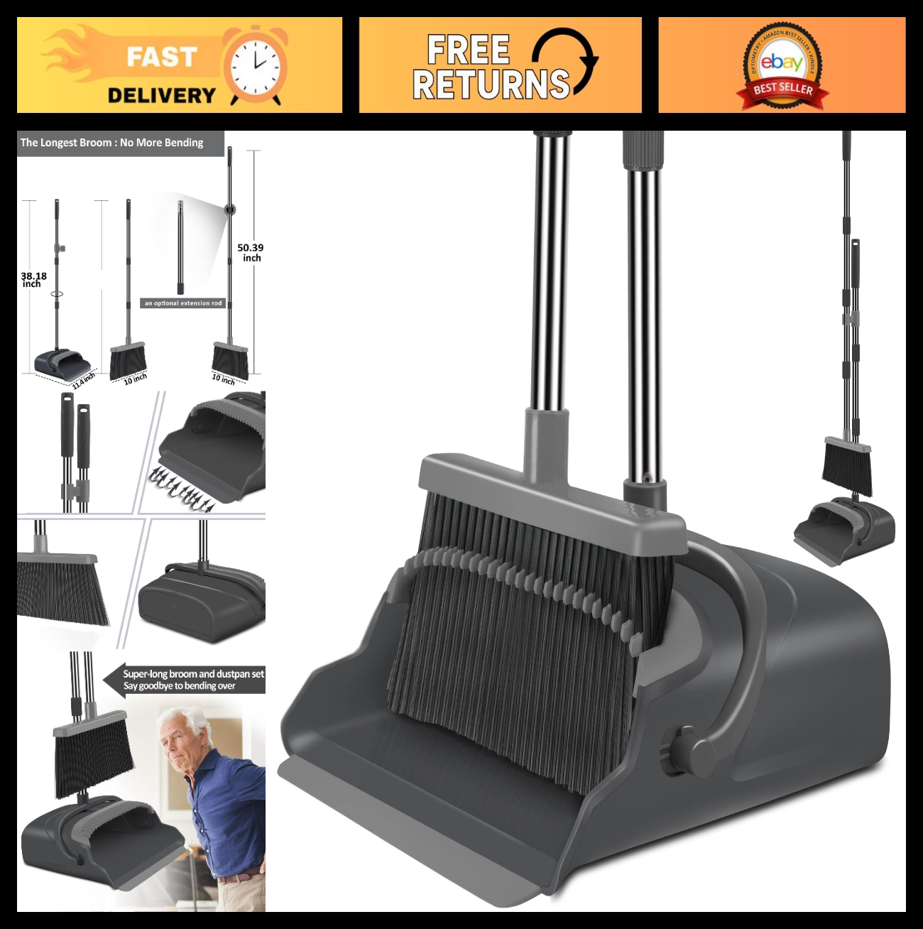 Stand-Up Broom and Dustpan Set for Home & Office - Indoor/Outdoor Cleaning Tool0