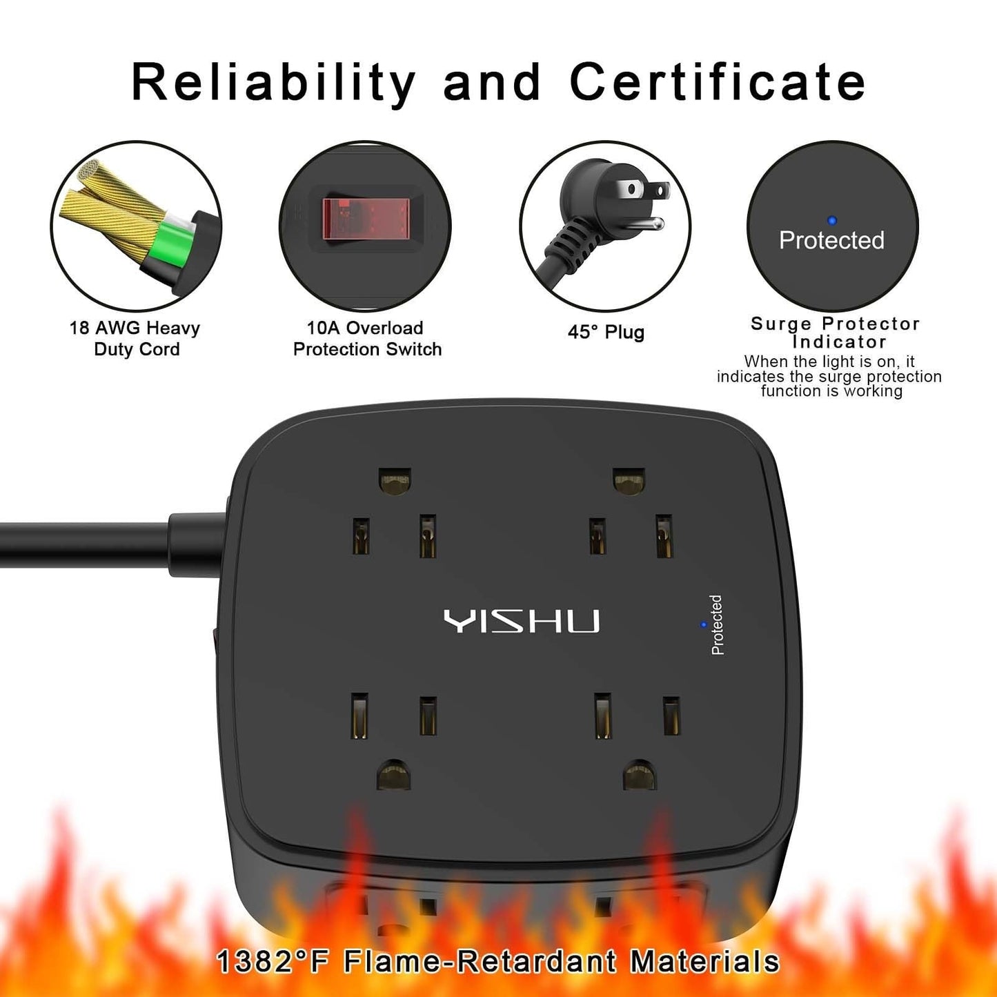 10Ft Surge Protector Power Strip, 8 Outlets & 4 USB Ports, Flat Plug, Wall Mount5